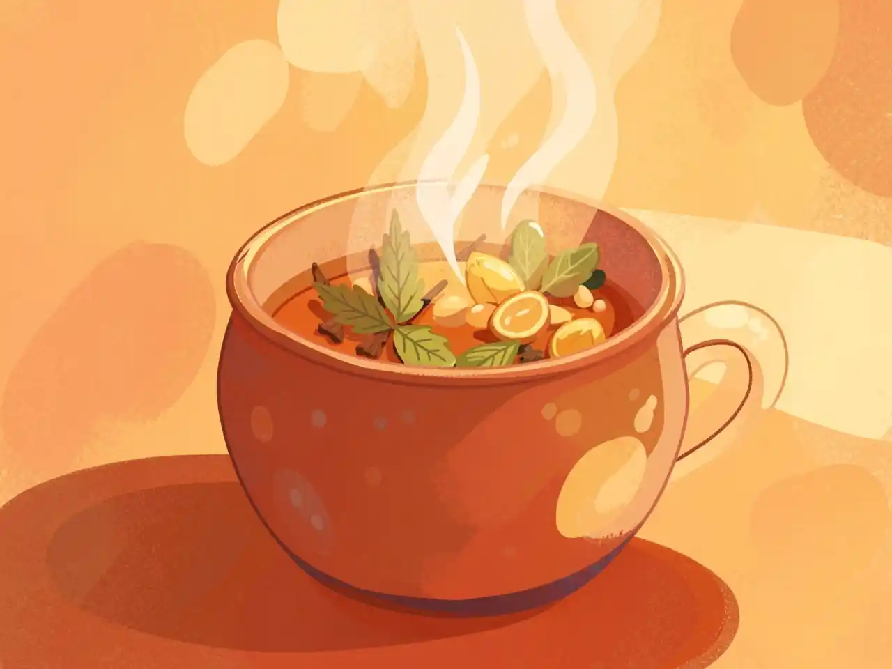 Abstract illustration of a warm morning herbal tea infusion in a ceramic vessel